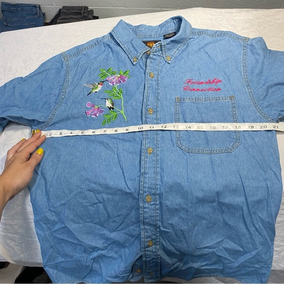 🥹 “ Friendship Connection “ Embroidered Denim Front Pocket Button Up Shirt - Picture 5 of 11